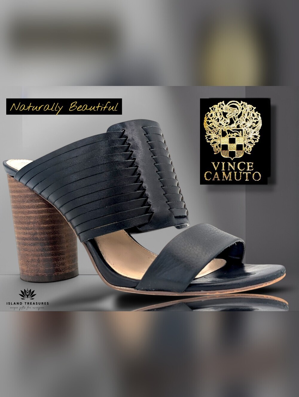 Vince Camuto Astar Sz 5 Black Leather Rounded Wooden Heel